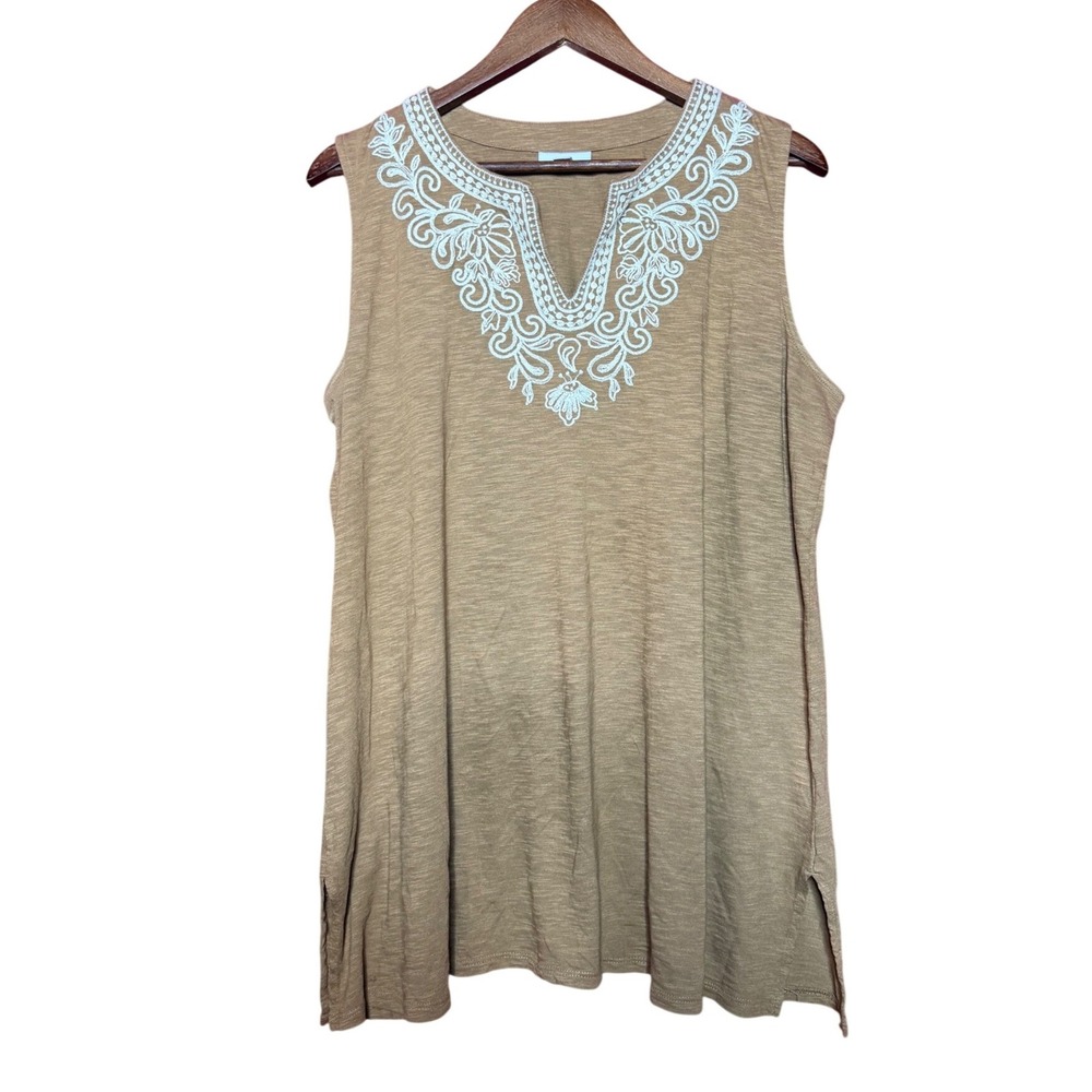 J.Jill Sleeveless Tunic Women L Brown Excellent Embroidered Split Neck Slub Top